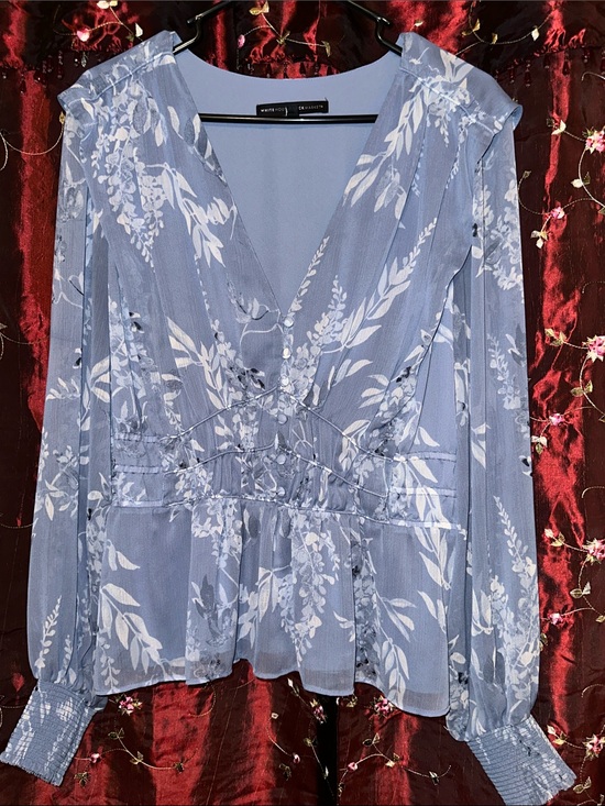 White House Black Market Tops - White House Black Market Light Blue Floral V-Neck Peplum Blouse